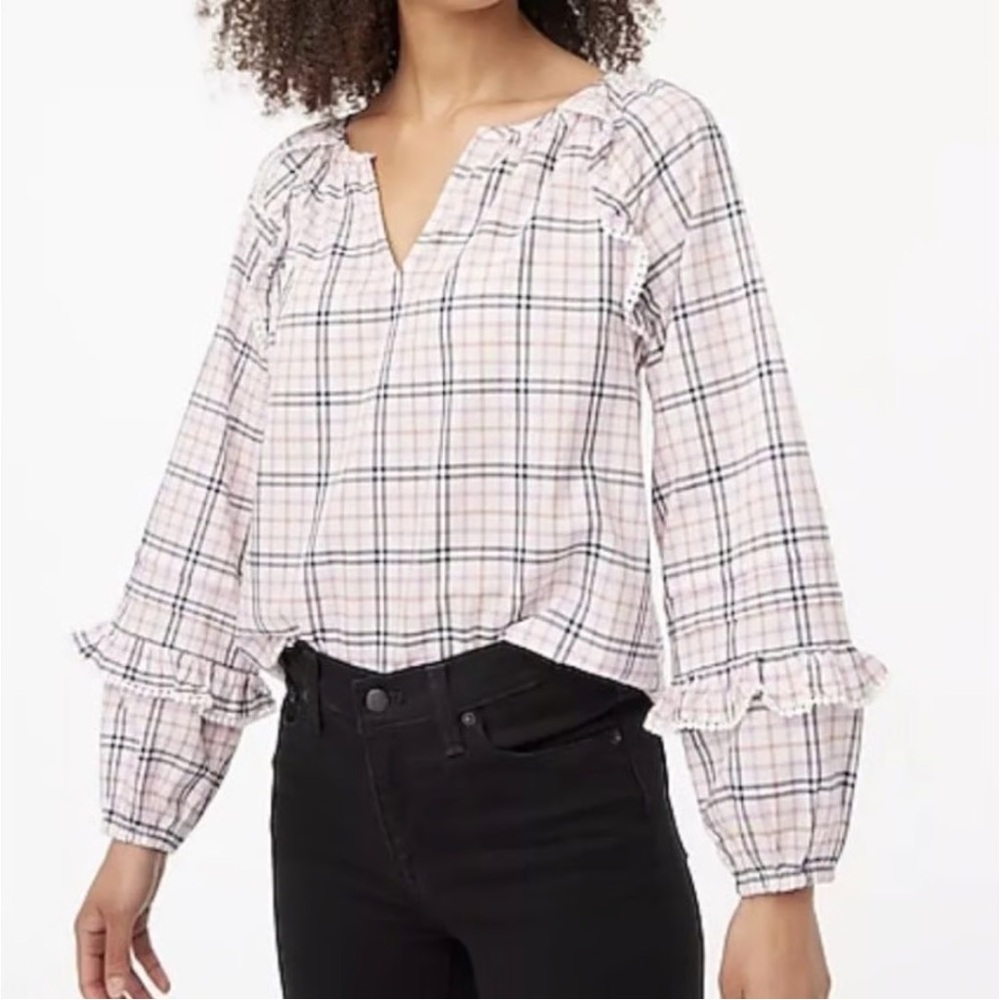 J. Crew Plaid Ruffle Trim Peasant Top